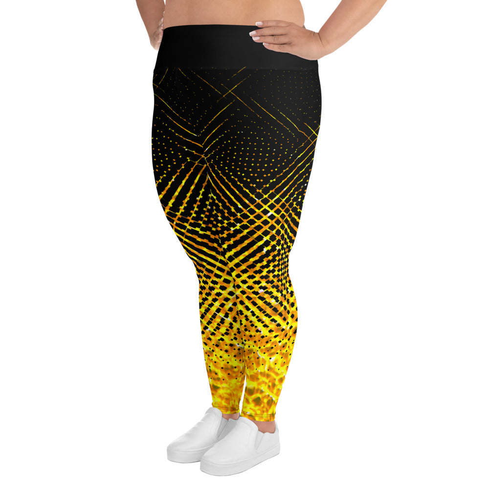 Woman modeling the Moiré Fire plus size leggings from the left front.