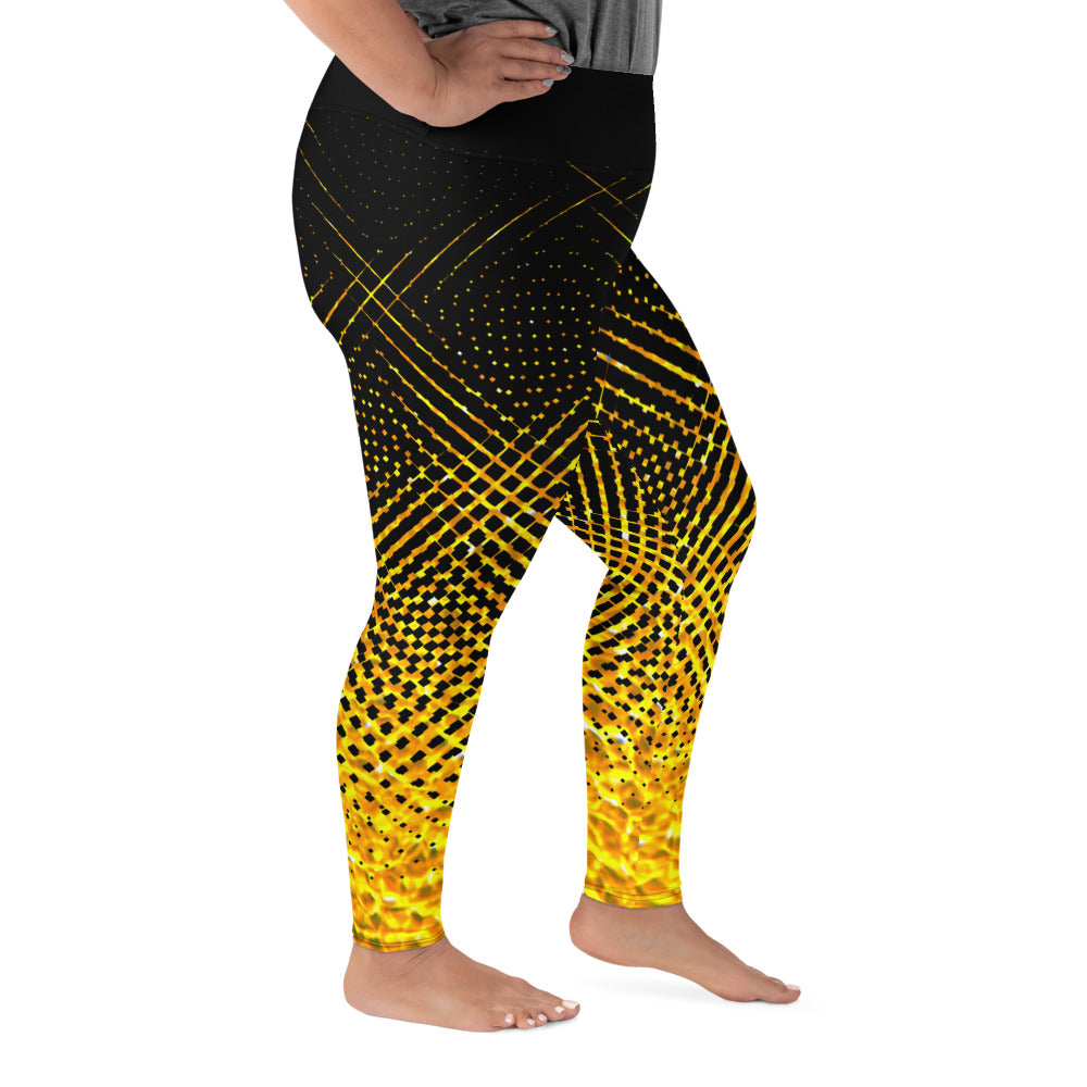 Close up of Woman modeling the Moiré Fire plus size leggings from the left side.