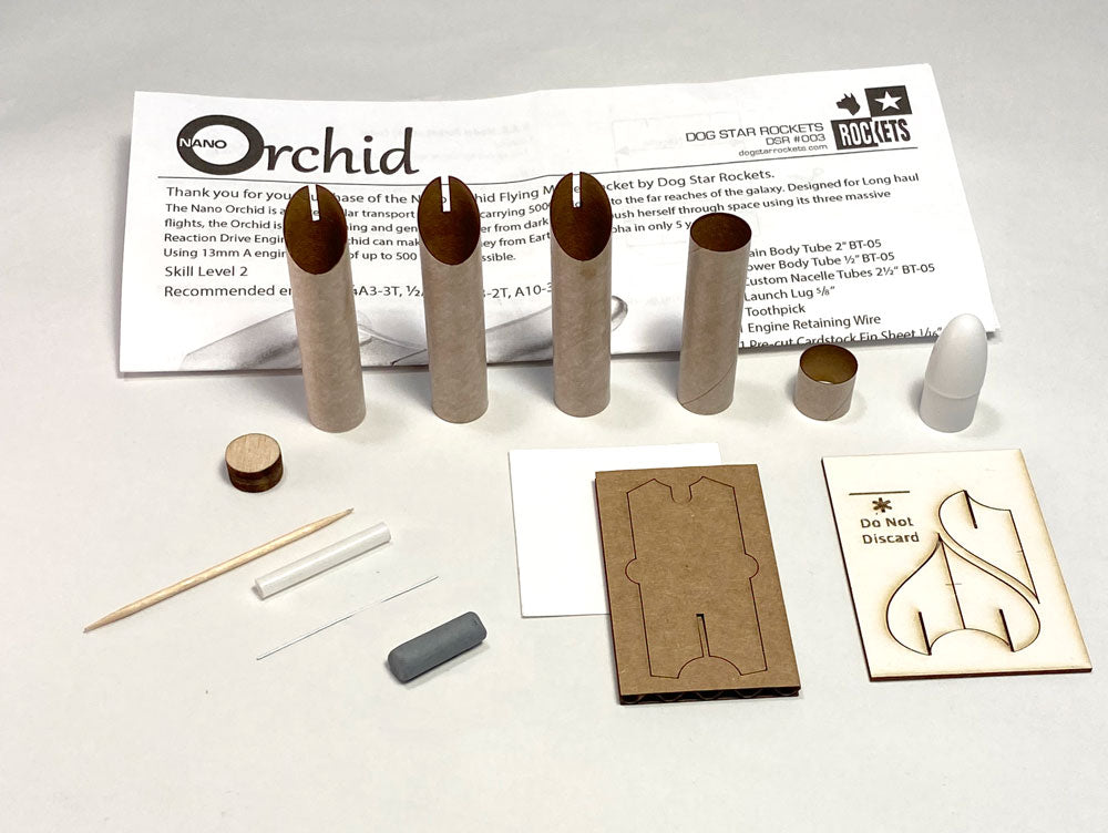 Nano Orchid rocket kit components laid out on a white surface.