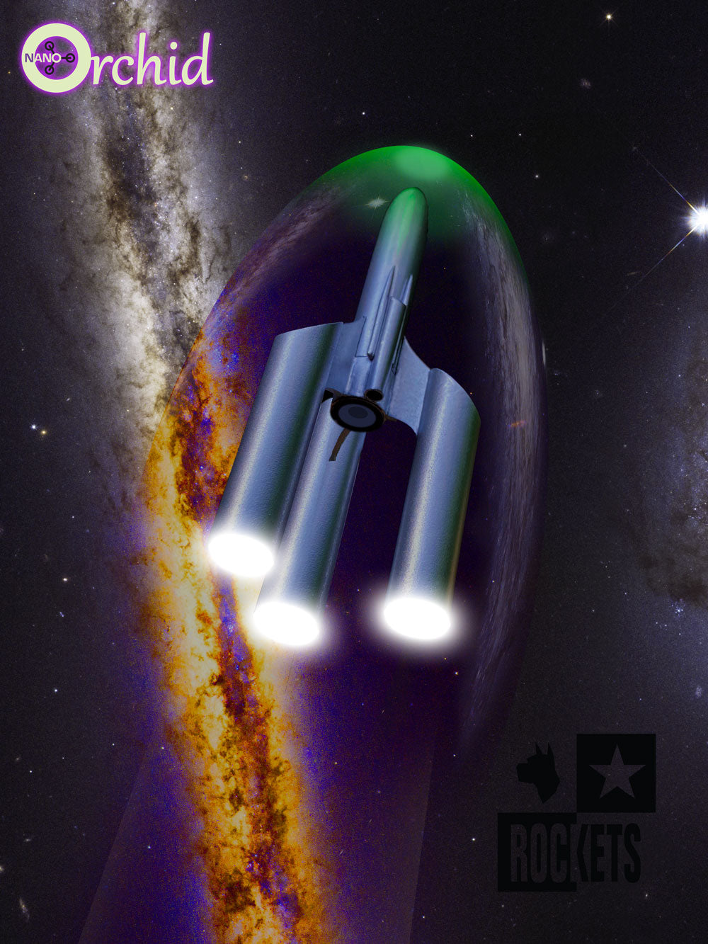 Nano Orchid model rocket illustrated on an interstellar journey as its space-bending warp bubble bends the light shining through it.